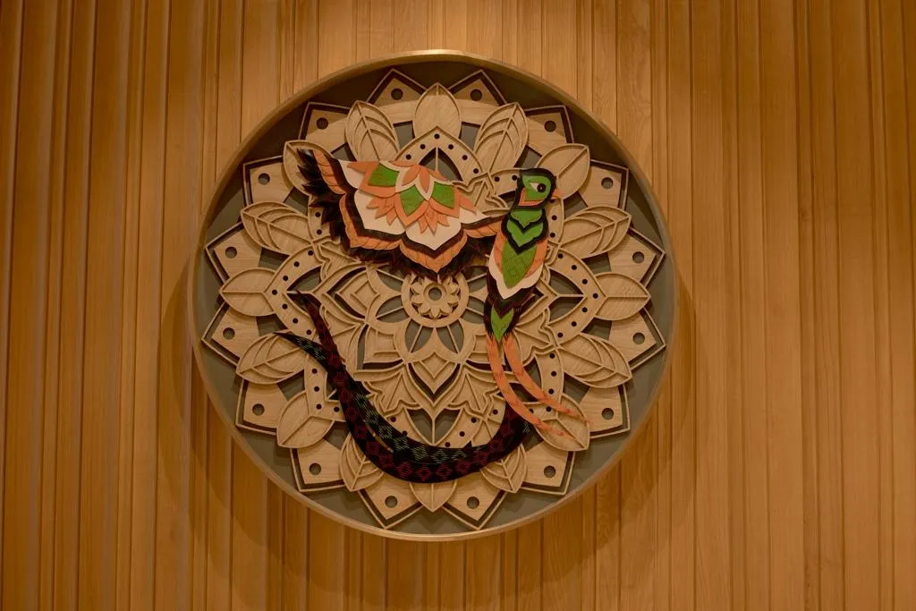 Detail of the leather and Phulkari embroidery installation at Starbucks Model Town, Jalandhar